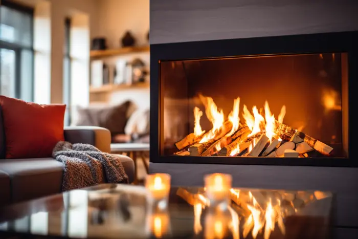 Fokus auf dem Kamin der Ferienwohnung